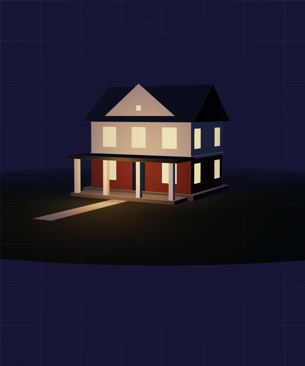 A two-story brick home with its windows lit at night, from the BrightBear Realty blueprint design