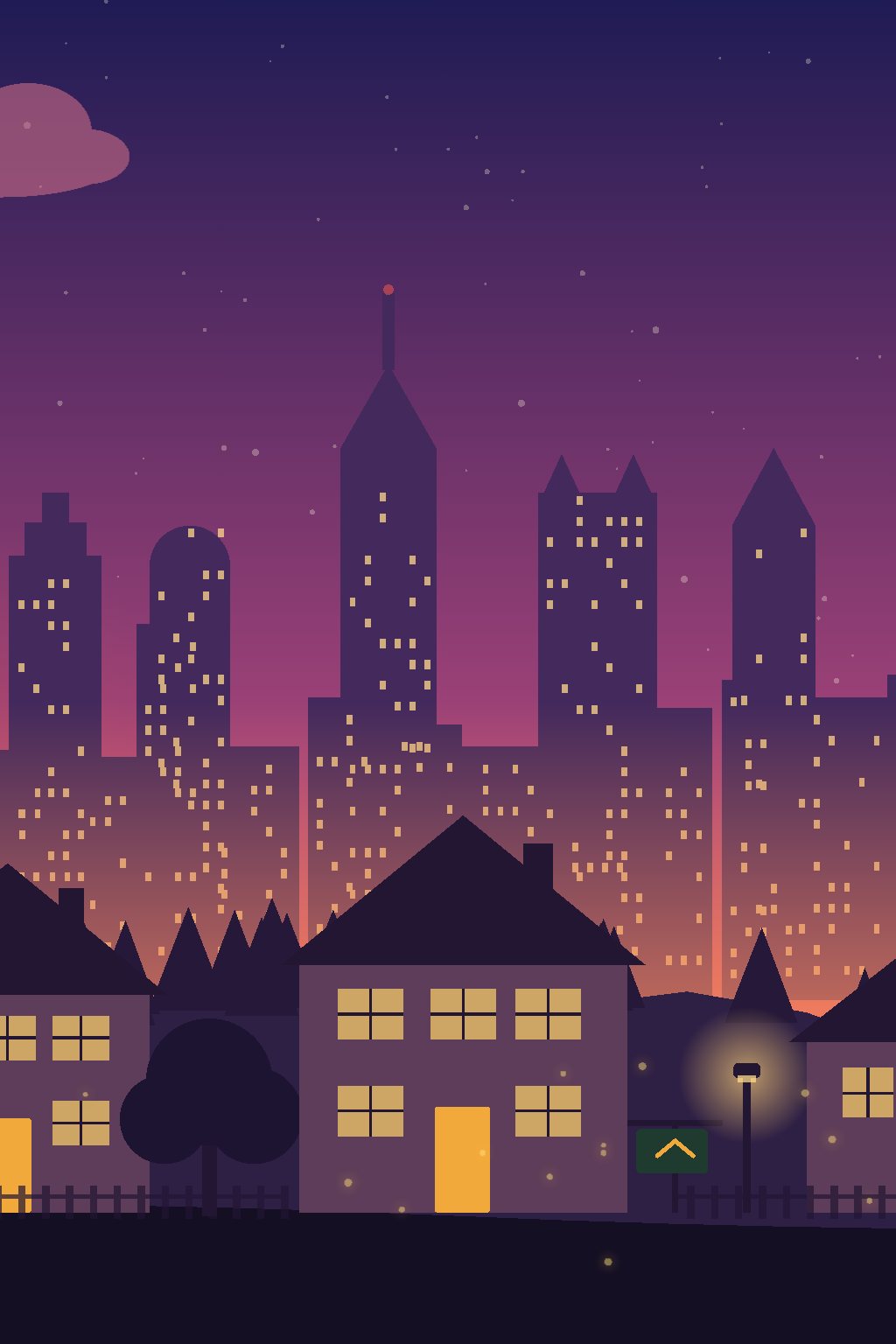 Illustrated Atlanta skyline and neighborhood at dusk